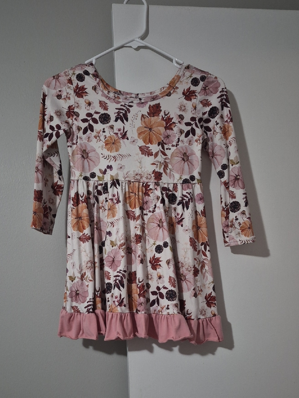 Girls' Pink Floral Long-Sleeve Ruffle Hem Dress